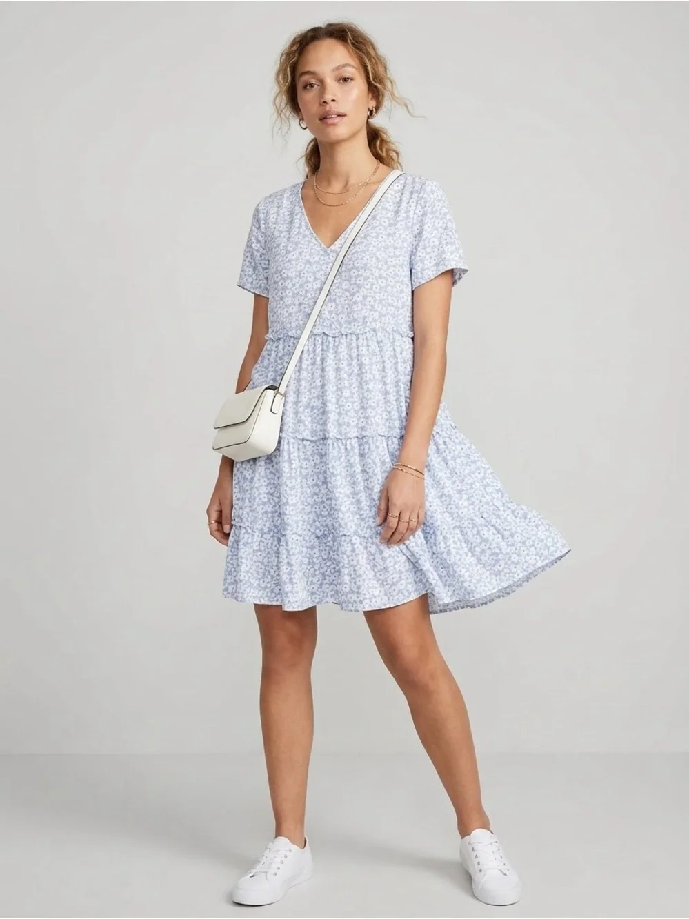 J. Crew Light Blue Floral Tiered V-Neck Dress